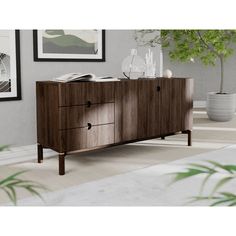 a wooden sideboard with two drawers in a living room