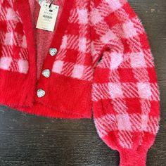 Pink And Red Cardigan Trendy Red Winter Cardigan, Chic Plaid Cardigan With Long Sleeves, Chic Plaid Long Sleeve Cardigan, Chic Red Cardigan For Fall, Cozy Fitted Red Outerwear, Chic Plaid Cardigan For Spring, Chic Red Long Sleeve Cardigan, Plaid Cardigan, Red Cardigan