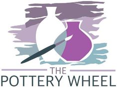 the pottery wheel logo with a purple vase on it's side and a black pen in front of it