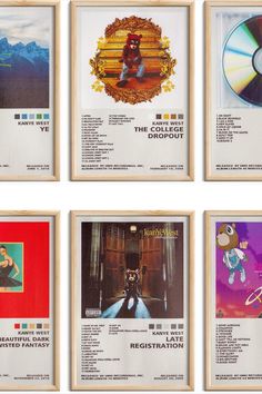 four different cd's are displayed in wooden frames