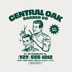 the logo for central oak barber co, featuring an image of a man cutting another man's hair