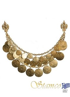 This Traditional Necklace is great for accessorizing your traditional Greek costume. This is imported from Greece and made by the premiere manufacturer of traditional Greek costumes. Shipping time is generally about 1-2 weeks. Traditional Handmade Gold Coin Necklace, Traditional Coin Pendant Necklace For Festivals, Traditional Gold Coin Necklace For Festivals, Traditional Necklaces For Festivals And Ceremonies, Traditional Handmade Coin Necklace, Ceremonial Coin Pendant Necklace For Festivals, Traditional Necklaces For Festive Ceremonies, Traditional Tilla Necklaces For Ceremonial Occasions, Traditional Gold Necklaces For Festivals