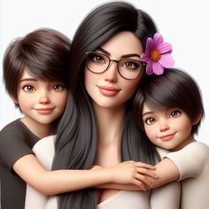 a digital painting of two women and a girl with long black hair, glasses and a flower in her hair