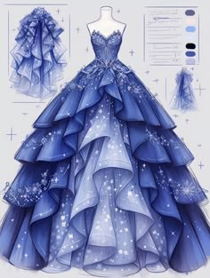 Blue Ball, Fashion Illustration Dresses, Dress Drawing, Dress Sketches