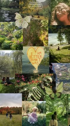 a collage of photos with people and flowers in the background, including trees, grass,