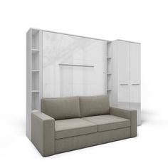 a couch sitting in front of a white book shelf with shelves on each side and doors to the other side