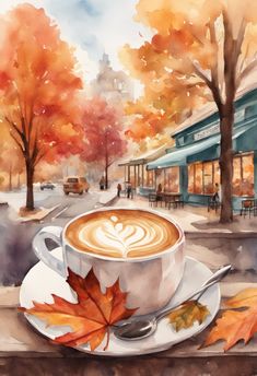 vibrant autumn scene, vibrant colors, charming cafe, illustrated with a dreamy atmosphere, with a soft focus Aesthetic Thanksgiving, Image Halloween, Coffee Painting, Coffee Illustration, Autumn Illustration, Autumn Magic, Fall Watercolor, Autumn Scenes, Autumn Coffee