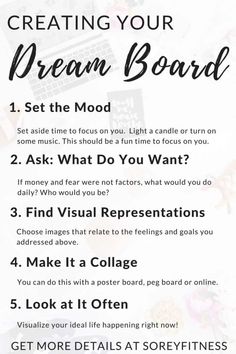 a white poster with the words creating your dream board written in black and white on it