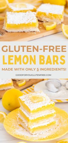 lemon bars stacked on top of each other with the text gluten - free lemon bars made with only 3 ingredients