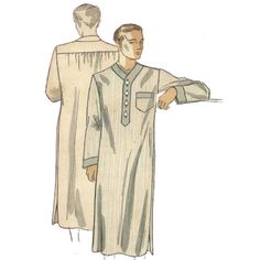 "A real throwback to the 1930s, our men's nightshirt pattern is a true vintage style. With a 4 button placket, contrasting collar and cuff and patch pocket you'll be stylish and comfortable - what could be better than that!? Offered here as: Digital Download (how to print and assemble). This pattern is also available as a Paper Pattern. https://www.etsy.com/uk/listing/687038837/1930s-vintage-sewing-pattern-mens-comfy Skill Level: Intermediate Size Guide: Chest: 42\" (106.7cm) Finished Length fro Nightshirt Pattern, Mens Nightshirts, Men's Nightgown, 1930s Men, Native American Moccasins, Vintage Loungewear, 1950s Sewing Patterns, Vintage Chest, Contrast Collar