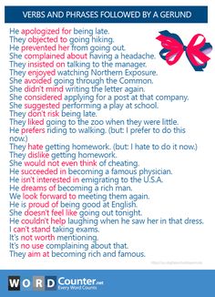 a poem written in red and blue with the words verbs and phrases followed by a gerund