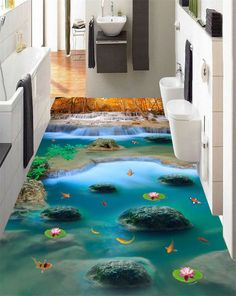 the bathroom floor is decorated with water lilies and fish swimming in blue water,