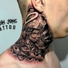 a man's neck is covered in tattoos and has an image of a demon on it