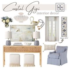 an interior design board with blue and white accents, including a chair, table, mirror, lamp, chandelier