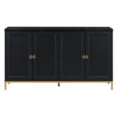 a black cabinet with gold handles and two doors