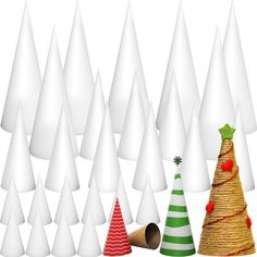 a group of white cones with christmas decorations on them