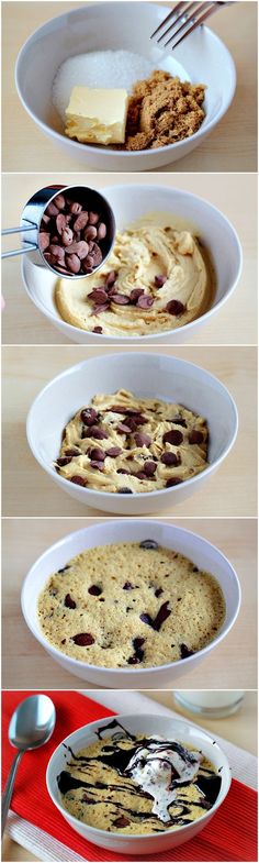 four different bowls with food in them sitting on a table