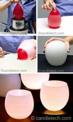 four pictures showing how to make an egg lamp