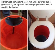 two pictures of a toilet with the lid up and an orange bowl in front of it