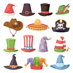 a collection of different hats on a white background