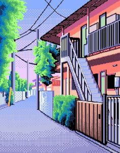 an image of a city street scene in pixel art