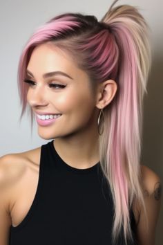 Pink Hair Professional, Red Roots And Blonde Hair, Pink Hair Over 40 For Women, Pink Color Melt Hair, Blond And Colored Hair, Blonde Colorful Hair, Bold Hair Color Ideas For Blondes, Edgy Hair Color Ideas Blondes, Pop Of Color In Hair