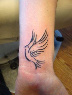 a small tattoo on the wrist of a person with a bird in it's hand