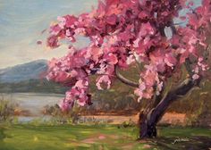 a painting of a tree with pink flowers in the foreground and a body of water in the background