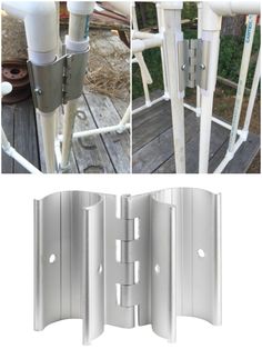 three different views of an outdoor metal gate