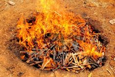 a fire pit made out of sticks in the middle of some dirt and grass with flames burning around it