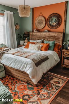 This medium-sized Boho chic bedroom is a warm and inviting haven. Earthy tones and an orange accent wall set a vibrant yet cozy backdrop. Rattan decor, including a pendant light and wall accents, add texture and interest. The wooden bed frame and cozy textiles, such as throw pillows and blankets, enhance the stylish, comfortable atmosphere. Thoughtfully arranged decor elements create a harmonious and chic retreat. Throw Pillows And Blankets, Wooden Bed Frame, Boho Chic Bedroom