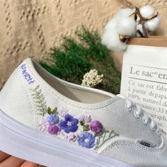 ✍Dear guests,  Welcome to my store and choose private custom-made embroidery shoes.  If you have any custom needs, I will embroider a shoe for you according to the pictures, ideas and words you send. At the same time I can also accept the urgent production. I can deliver the shoes to the express company within a week. I only need you to pay some urgent fees. You can receive the goods within the time you need. . If I can't make it for you I'll handle the refund for you. ✍Price includes: Vans shoe Bridal Vans, Embroidered Wedding Shoes, Wedding Vans, Bridal Embroidery, Embroidered Converse, Embroidery Canvas, Embroidered Patterns, Slip On Vans, Tie Sneakers