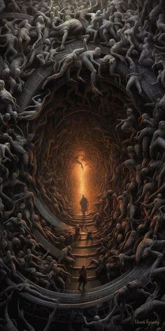 an artist's depiction of a man standing in the middle of a tunnel