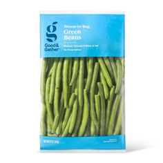 green beans packaged in a cello bag on a white background with the words, good and gather