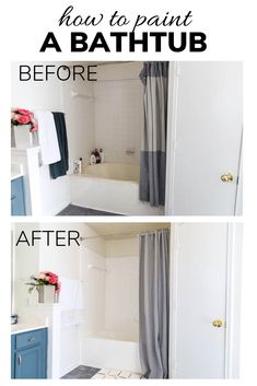 before and after photos of a bathroom remodel with white walls, blue cabinets, gray shower curtain