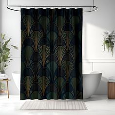 an art deco shower curtain in a bathroom