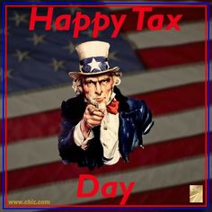 an image of a happy tax day card with uncle lincoln pointing at the camera and american flag in the background