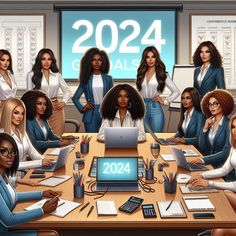 a group of women sitting at a table in front of a sign that says 2024