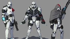 the concept art for star wars is shown in three different poses, including trooper and scout