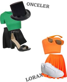 an orange skirt, green shirt and black hat with the words oncler below it