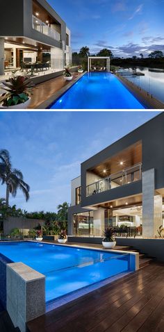 this modern house has a swimming pool in the middle and an outdoor living area on the other side