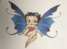 a drawing of a fairy with blue wings