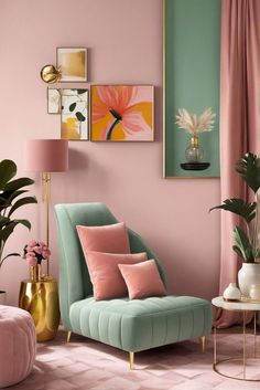 a living room with pink walls and gold accents on the floor, green chair, potted plants and paintings