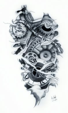 a drawing of a clock with gears and other things on it's face in black ink