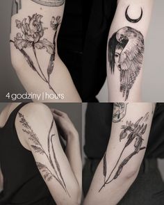 three different tattoos on the arms of women with flowers and an owl in it's head