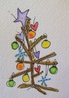 a drawing of a christmas tree made with colored pencils and watercolor paints on paper