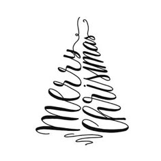 a black and white christmas tree with the word merry on it's bottom corner