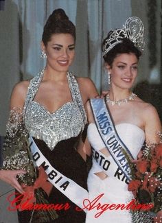 two beautiful women standing next to each other in front of a magazine cover with the title crown