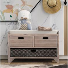 a wooden dresser with two baskets and a hat on top