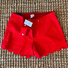 J.Crew Women’s Red Linen/Cotten Scalloped 4” Hem - Size 4 Nwt! Red Cotton Bottoms For Day Out, Red Short Length Bottoms For Spring, Red Cotton Shorts For Summer, Chic Red Shorts For Spring, Red Cotton Shorts For Day Out, Spring Red Cotton Shorts, Chic Red Spring Shorts, Red Pants With Built-in Shorts For Summer, Red Cotton Leisure Shorts